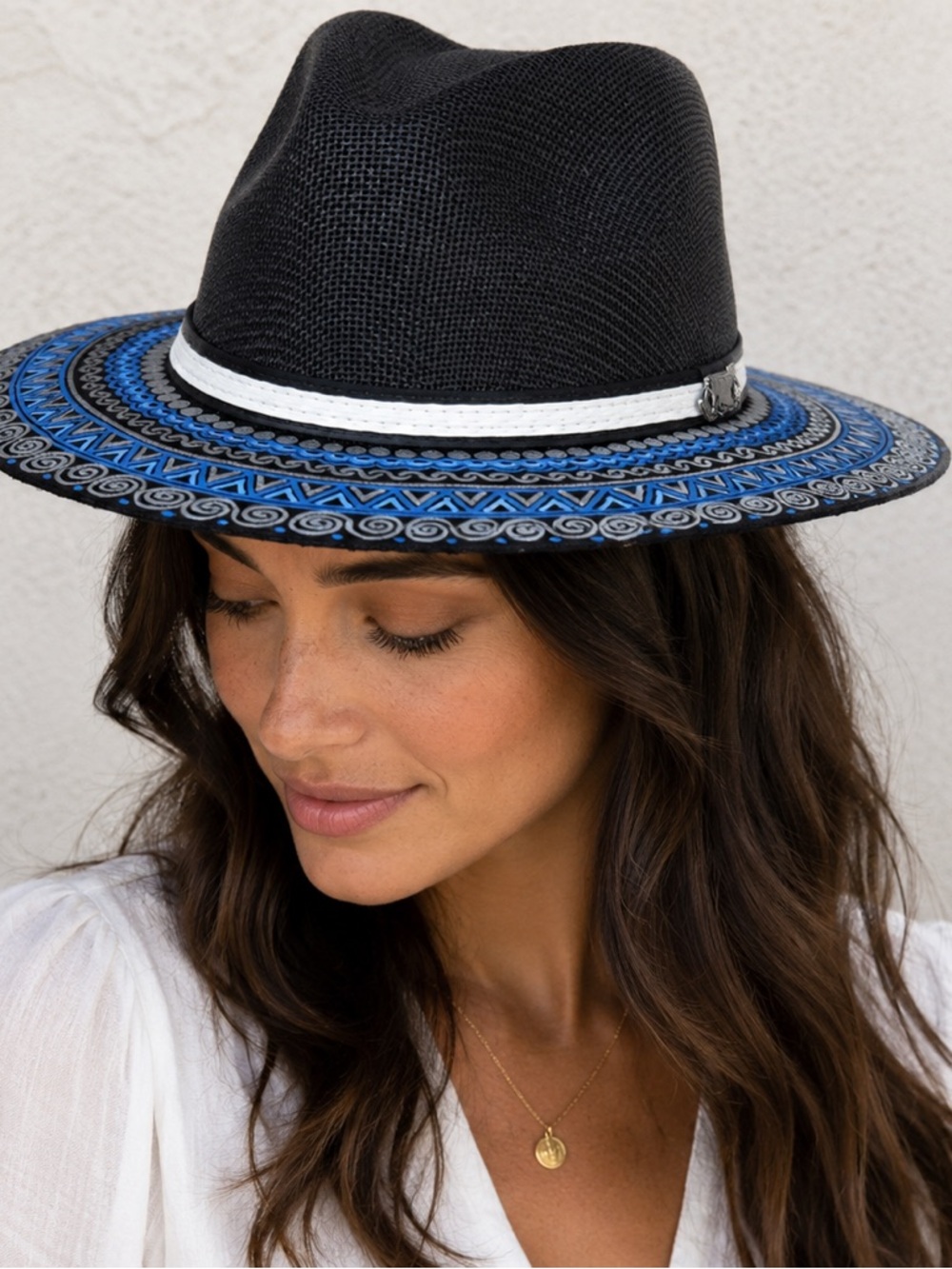 Roan Hand Painted Black Mexican Hat with Blue and White Aztec Pattern NWOT